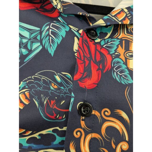 Hawaiian Button Down Men Shirt Size M Skulls Roses Dice Allover Print Retro Art - Picture 4 of 10